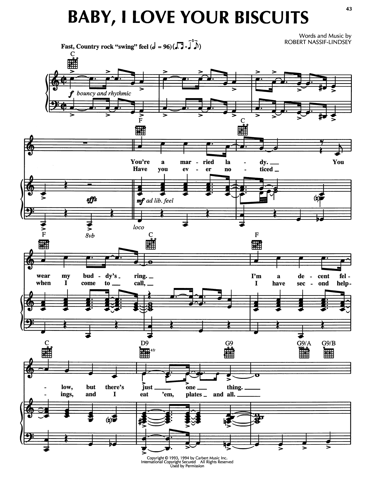 Robert Nassif-Lindsey Baby, I Love Your Biscuits (from Honky Tonk Highway) sheet music notes and chords arranged for Piano, Vocal & Guitar Chords (Right-Hand Melody)