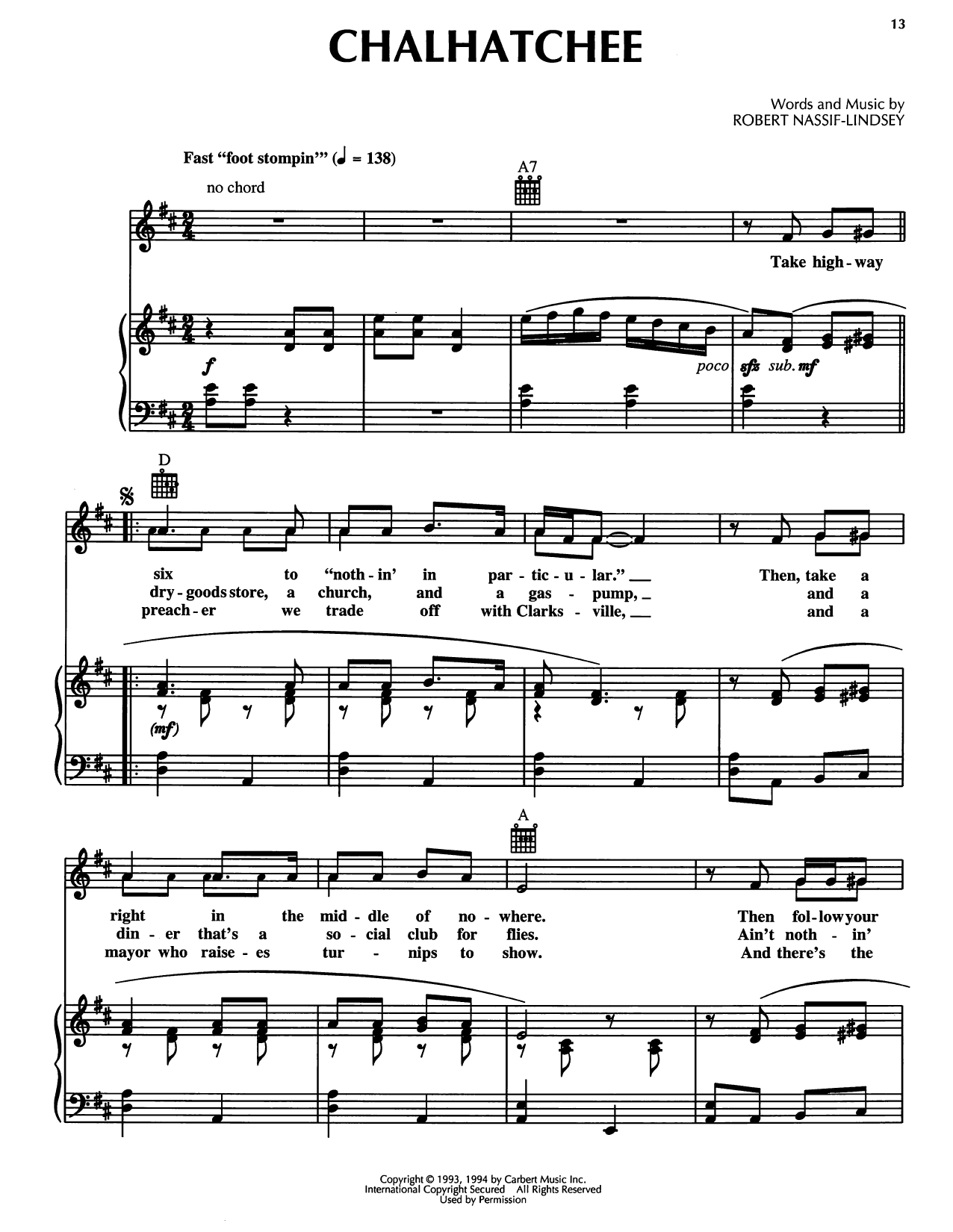 Robert Nassif-Lindsey Chalhatchee (from Honky Tonk Highway) sheet music notes and chords arranged for Piano, Vocal & Guitar Chords (Right-Hand Melody)