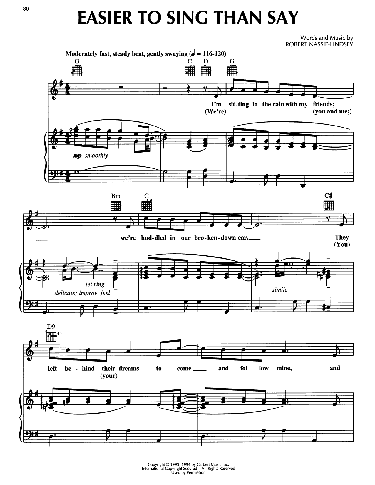 Robert Nassif-Lindsey Easier To Sing Than Say (from Honky Tonk Highway) sheet music notes and chords arranged for Piano, Vocal & Guitar Chords (Right-Hand Melody)