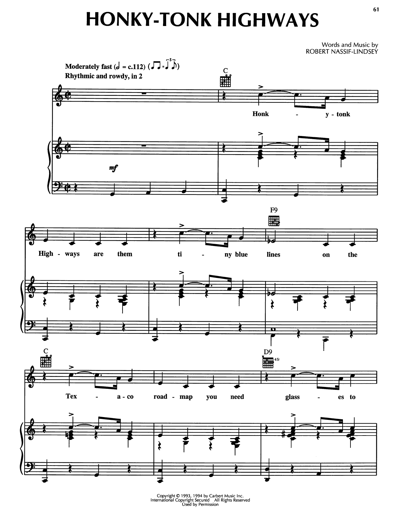 Robert Nassif-Lindsey Honky-Tonk Highways sheet music notes and chords arranged for Piano, Vocal & Guitar Chords (Right-Hand Melody)