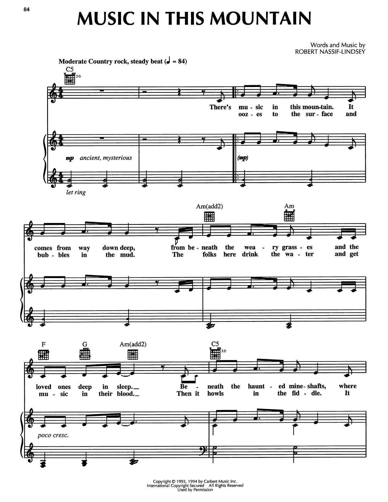 Robert Nassif-Lindsey Music In This Mountain (from Honky Tonk Highway) sheet music notes and chords arranged for Piano, Vocal & Guitar Chords (Right-Hand Melody)