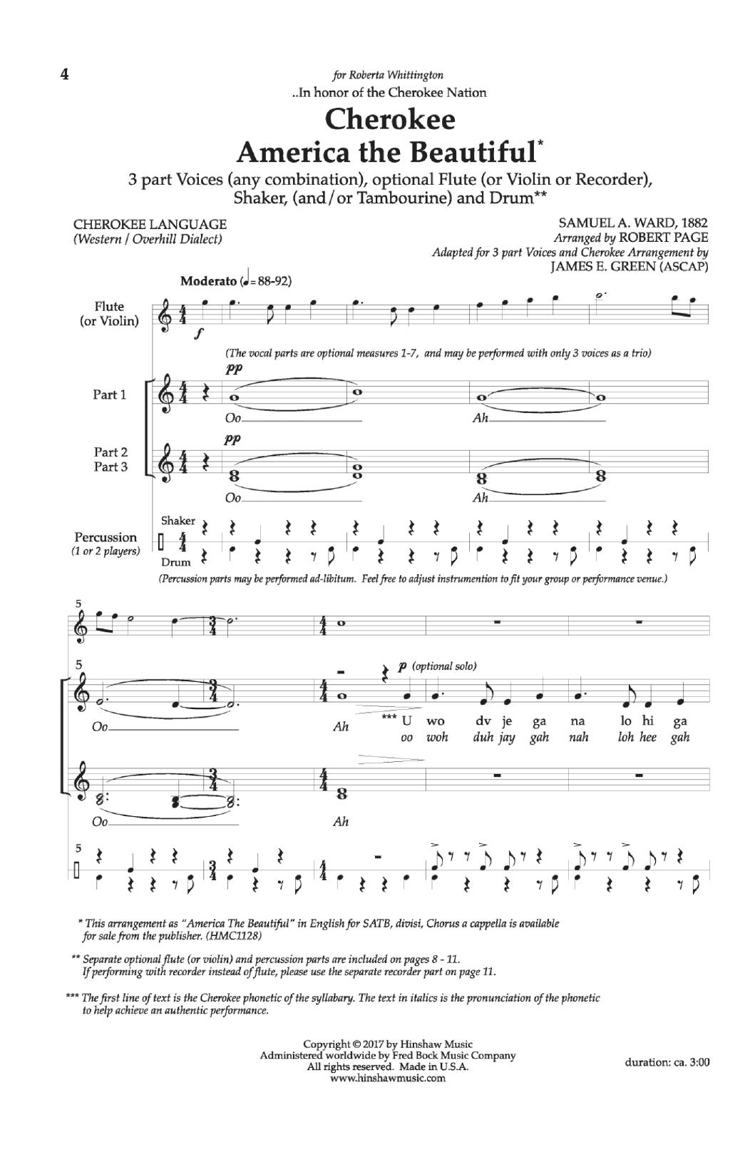 Robert Page Cherokee America the Beautiful sheet music notes and chords arranged for 3-Part Mixed Choir