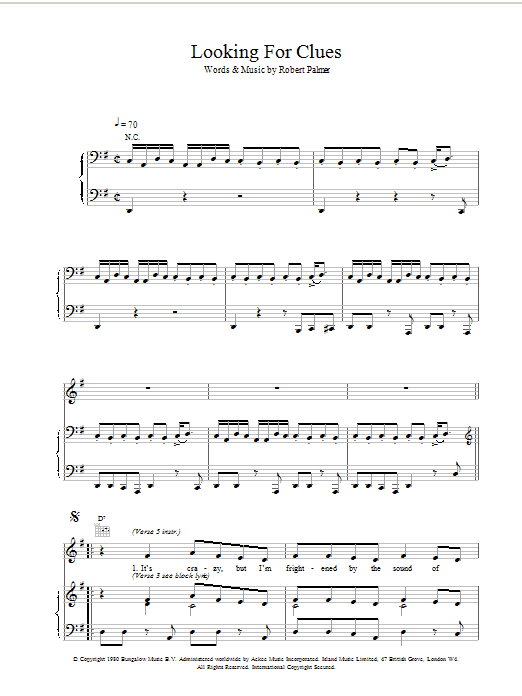 Robert Palmer Looking For Clues sheet music notes and chords arranged for Piano, Vocal & Guitar Chords