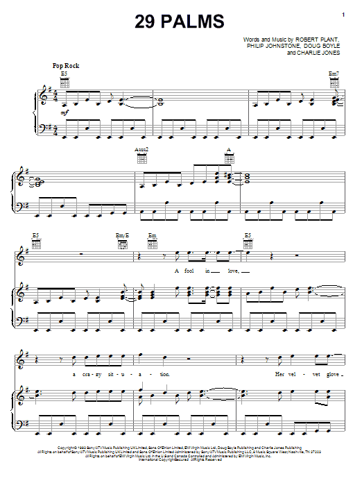 Robert Plant 29 Palms sheet music notes and chords arranged for Piano, Vocal & Guitar Chords (Right-Hand Melody)