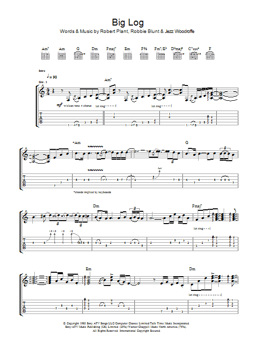Robert Plant Big Log sheet music notes and chords arranged for Guitar Tab
