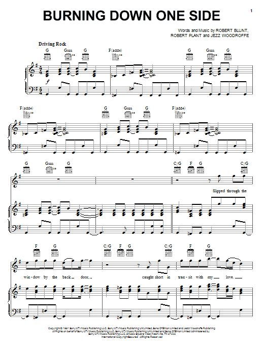 Robert Plant Burning Down One Side sheet music notes and chords arranged for Piano, Vocal & Guitar Chords (Right-Hand Melody)