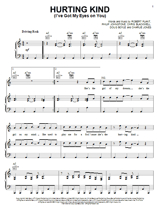 Robert Plant Hurting Kind (I've Got My Eyes On You) sheet music notes and chords arranged for Piano, Vocal & Guitar Chords (Right-Hand Melody)