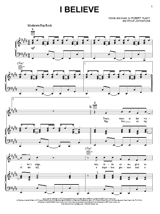 Robert Plant I Believe sheet music notes and chords arranged for Piano, Vocal & Guitar Chords (Right-Hand Melody)