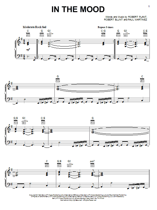 Robert Plant In The Mood sheet music notes and chords arranged for Piano, Vocal & Guitar Chords (Right-Hand Melody)