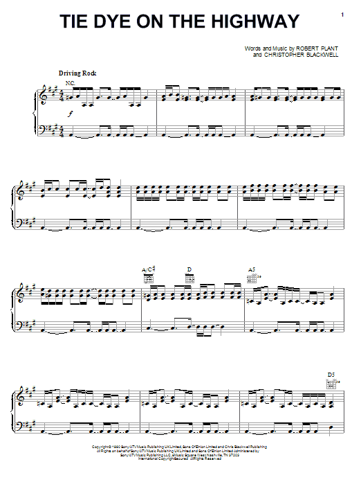 Robert Plant Tie Dye On The Highway sheet music notes and chords arranged for Piano, Vocal & Guitar Chords (Right-Hand Melody)