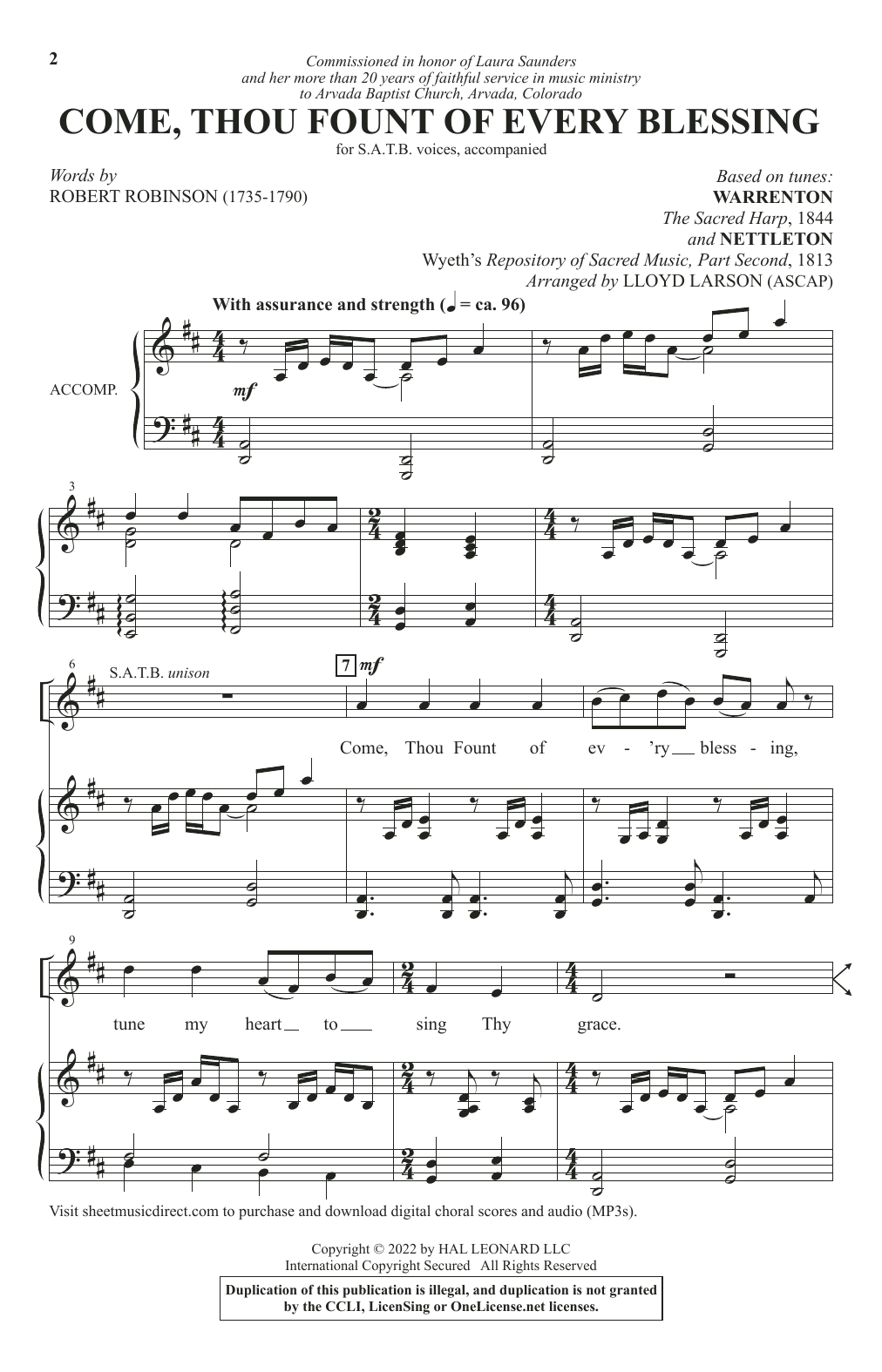 Robert Robinson Come, Thou Fount Of Every Blessing (arr. Lloyd Larson) sheet music notes and chords arranged for SATB Choir