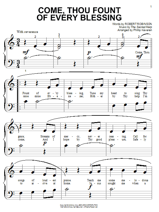 Robert Robinson Come, Thou Fount of Every Blessing (arr. Phillip Keveren) sheet music notes and chords arranged for Big Note Piano