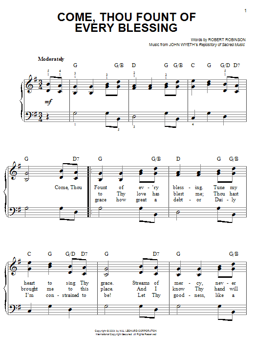 Robert Robinson Come, Thou Fount Of Every Blessing sheet music notes and chords arranged for Piano, Vocal & Guitar Chords (Right-Hand Melody)