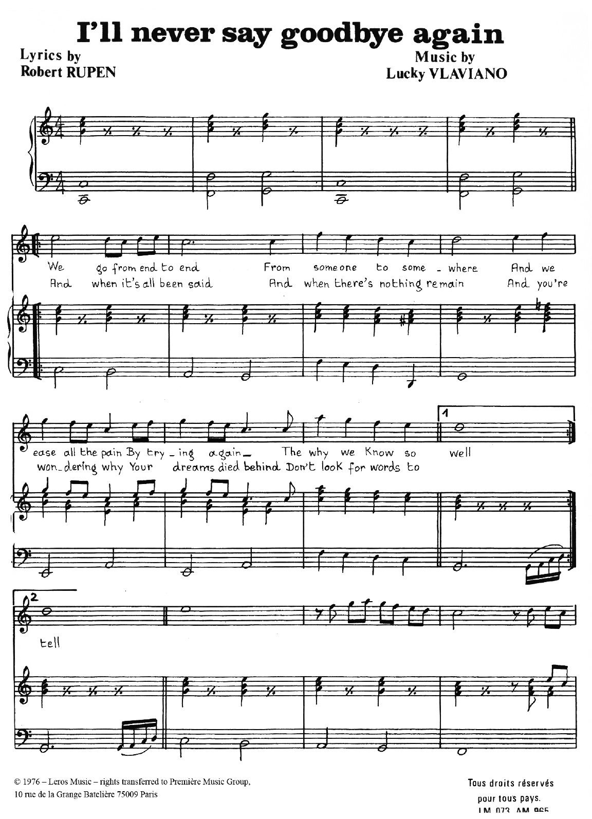 Robert Rupen I'll Never Say Goodbye Again sheet music notes and chords arranged for Piano, Vocal & Guitar Chords