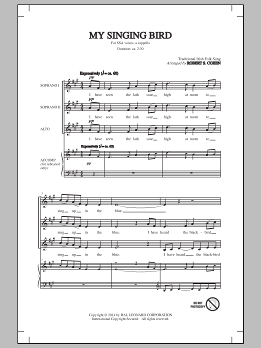 Robert S. Cohen My Singing Bird sheet music notes and chords arranged for SSA Choir