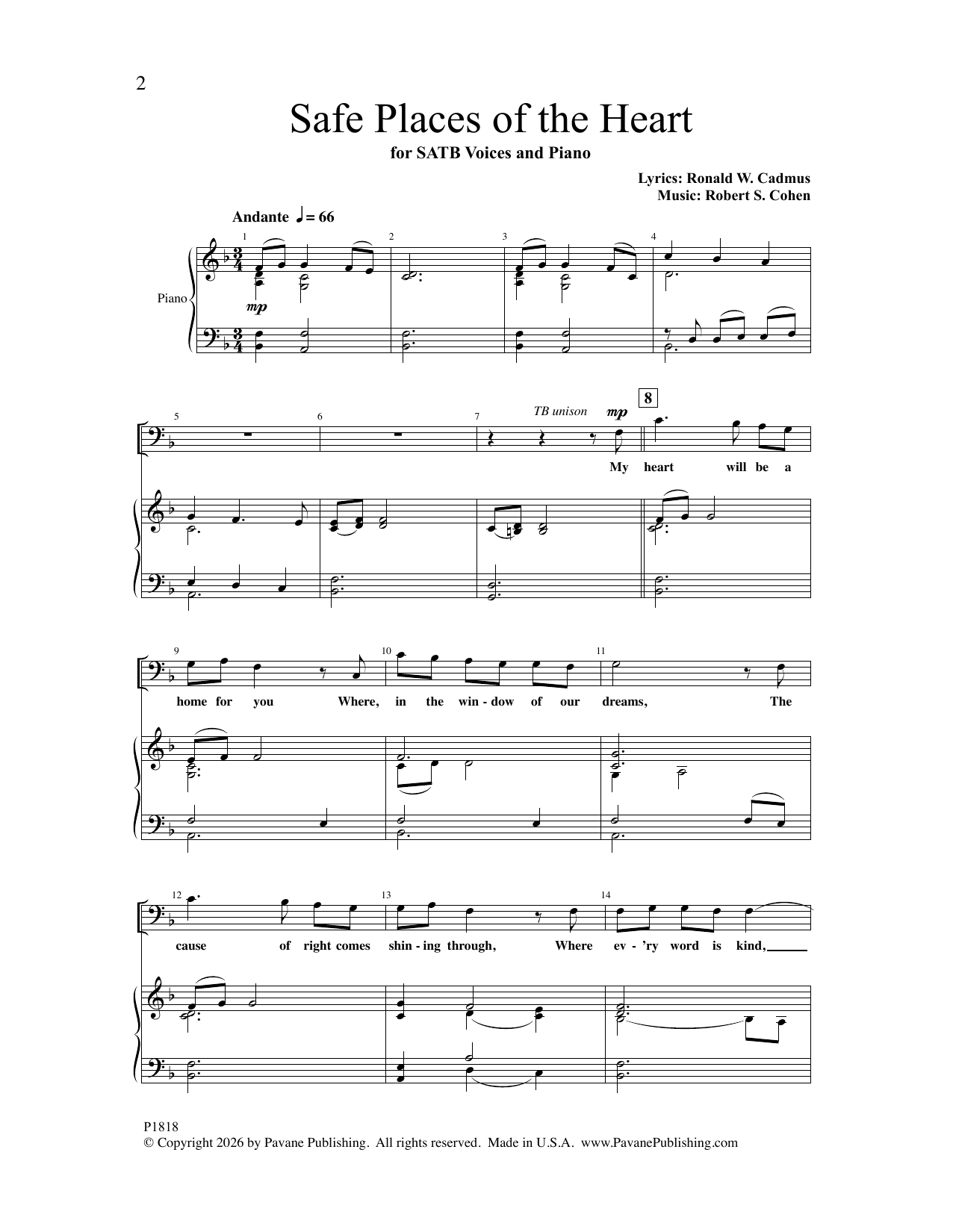 Robert S. Cohen Safe Places Of The Heart sheet music notes and chords arranged for SATB Choir