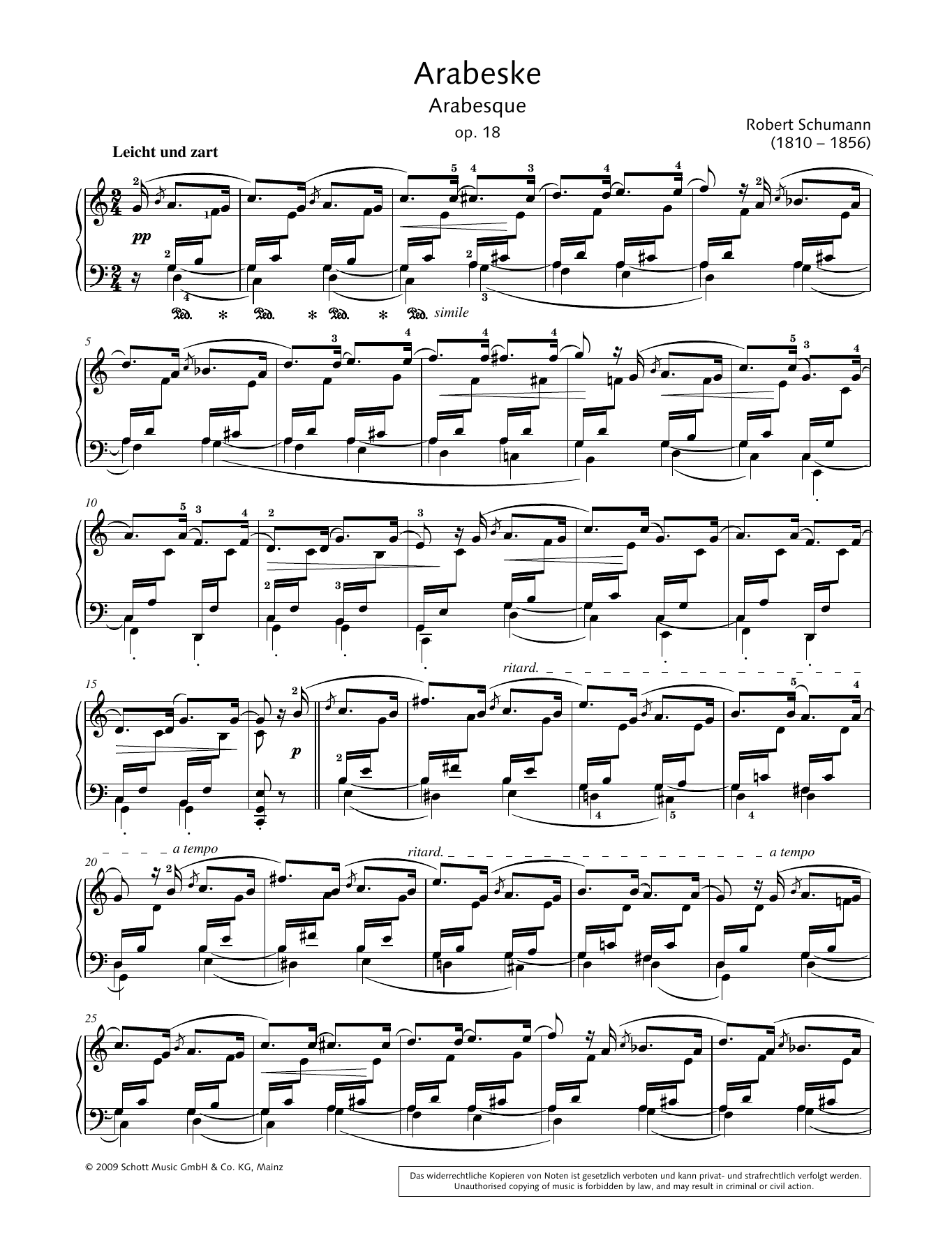 Robert Schumann Arabesque sheet music notes and chords arranged for Piano Solo