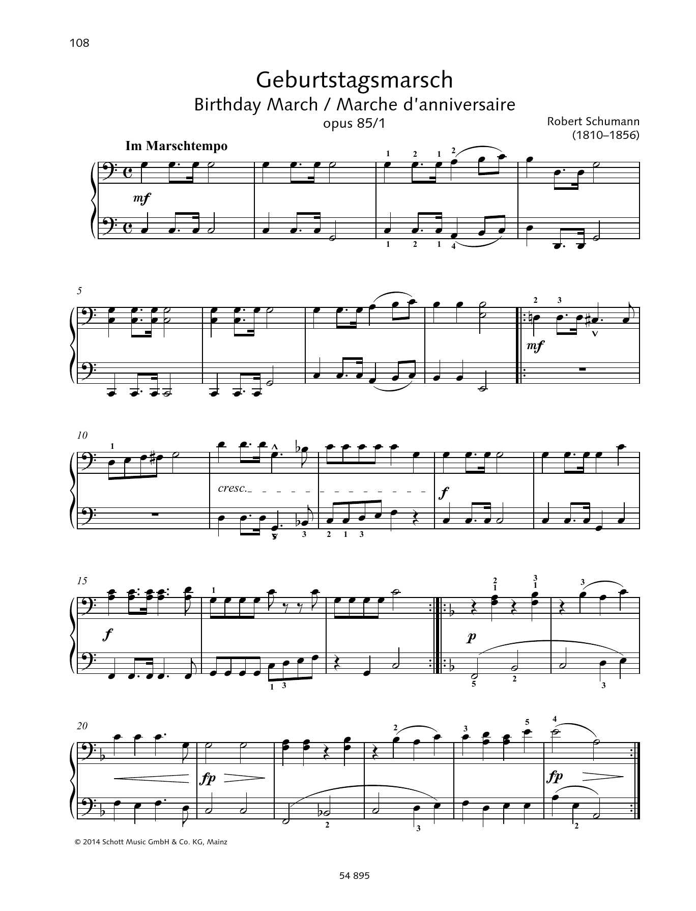 Robert Schumann Birthday March op. 85 No. 1 sheet music notes and chords arranged for Piano Duet