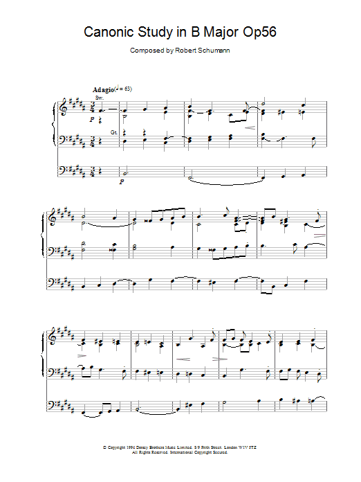 Robert Schumann Canonic Study in B Major Op56 sheet music notes and chords arranged for Organ