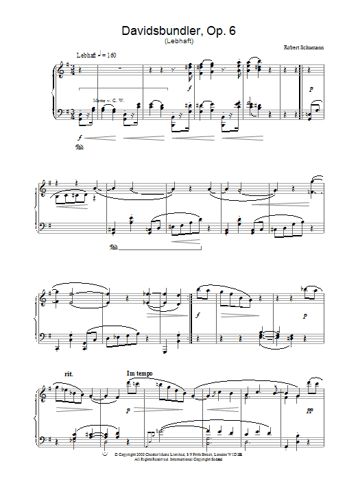 Robert Schumann Davidsbundler, Op. 6 (Lebhaft) sheet music notes and chords arranged for Piano Solo