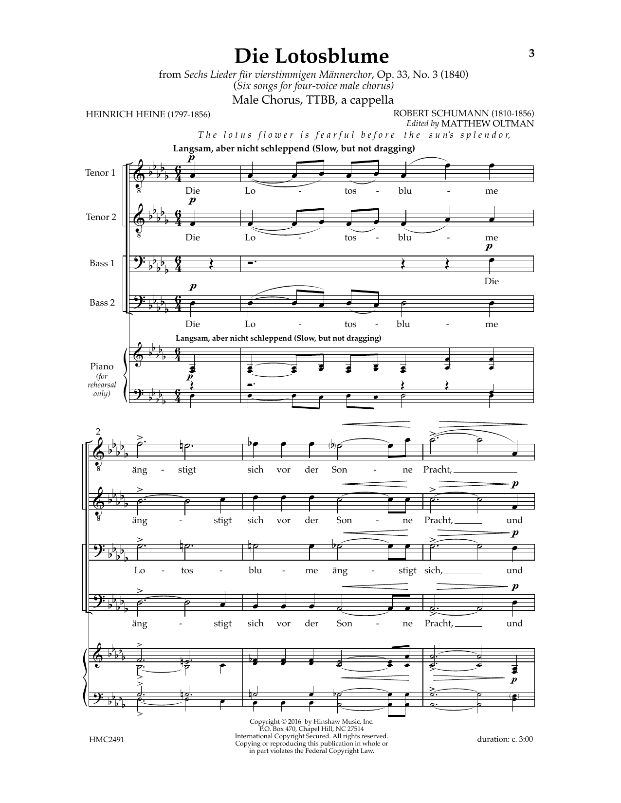 Robert Schumann Die Lotosblume (Ed. Matthew D. Oltman) sheet music notes and chords arranged for TTBB Choir