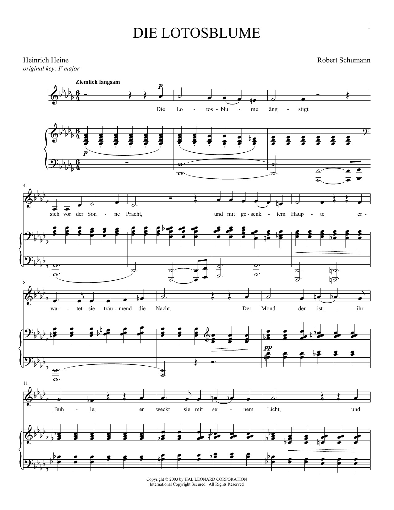 Robert Schumann Die Lotosblume sheet music notes and chords arranged for Piano & Vocal