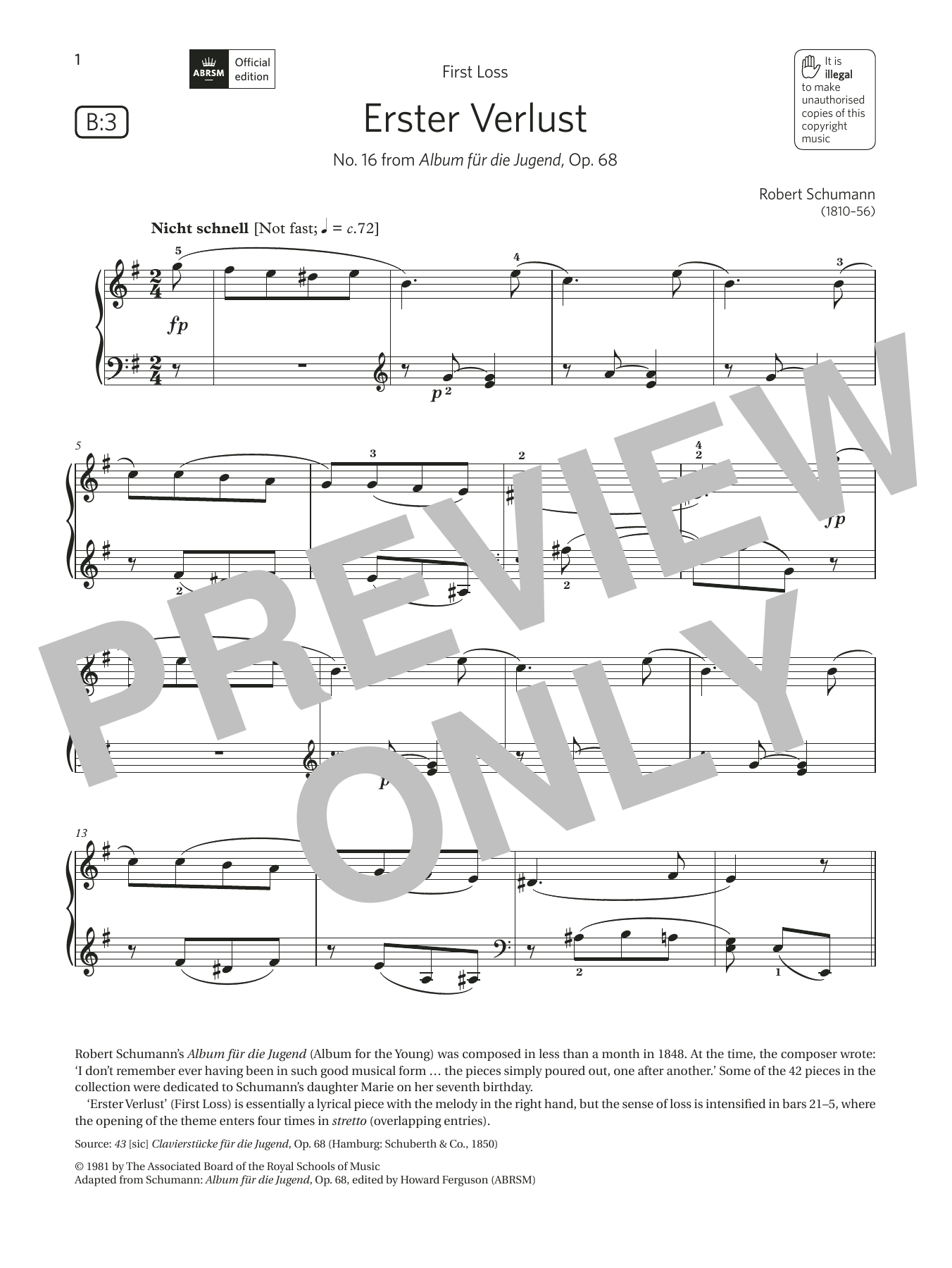 Robert Schumann Erster Verlust (Grade 4, list B3, from the ABRSM Piano Syllabus 2021 & 2022) sheet music notes and chords arranged for Piano Solo