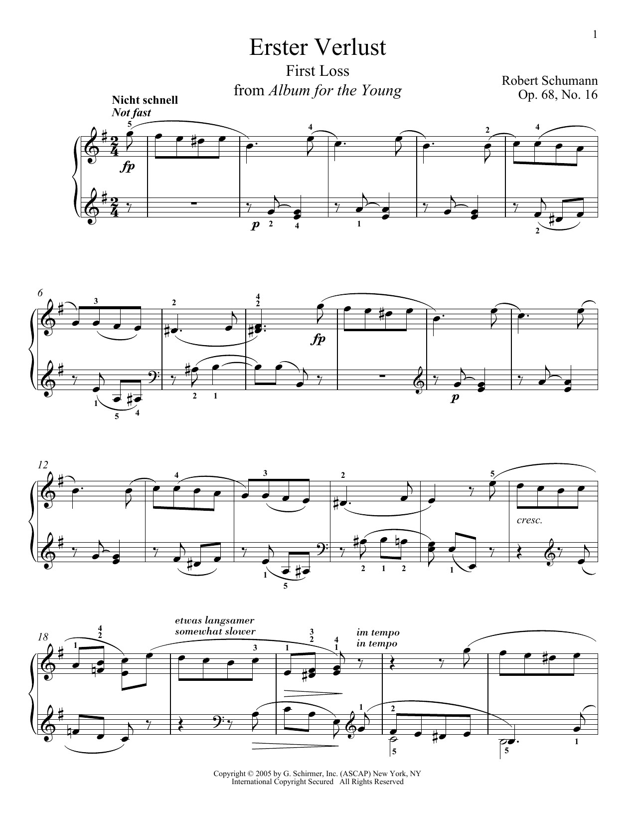 Robert Schumann First Loss, Op. 68, No. 16 sheet music notes and chords arranged for Piano Solo