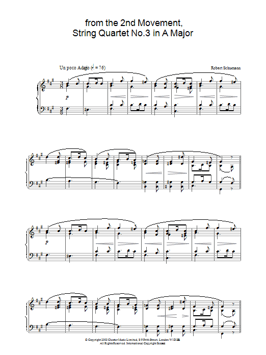 Robert Schumann from the 2nd Movement, String Quartet No.3 in A Major sheet music notes and chords arranged for Piano Solo