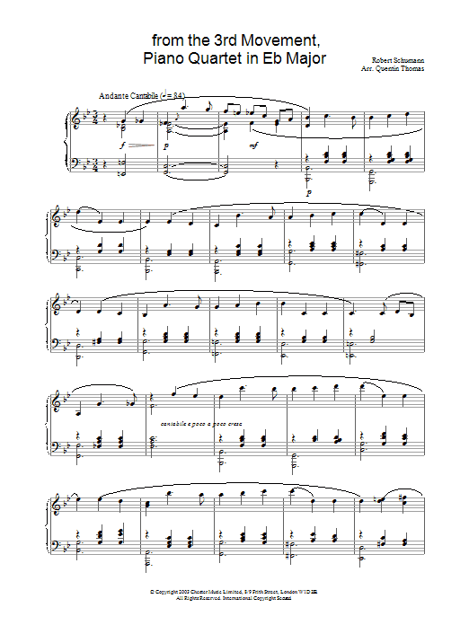 Robert Schumann from the 3rd Movement, Piano Quartet in Eb Major sheet music notes and chords arranged for Piano Solo