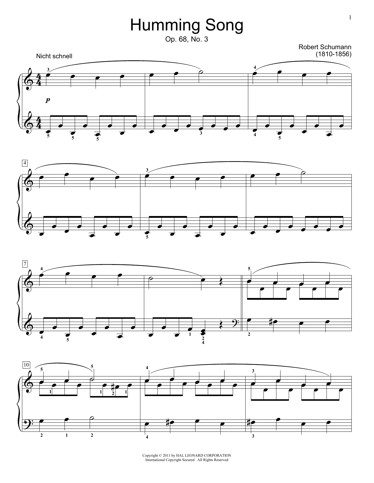 Robert Schumann Humming Song, Op.68 #3 sheet music notes and chords arranged for Educational Piano