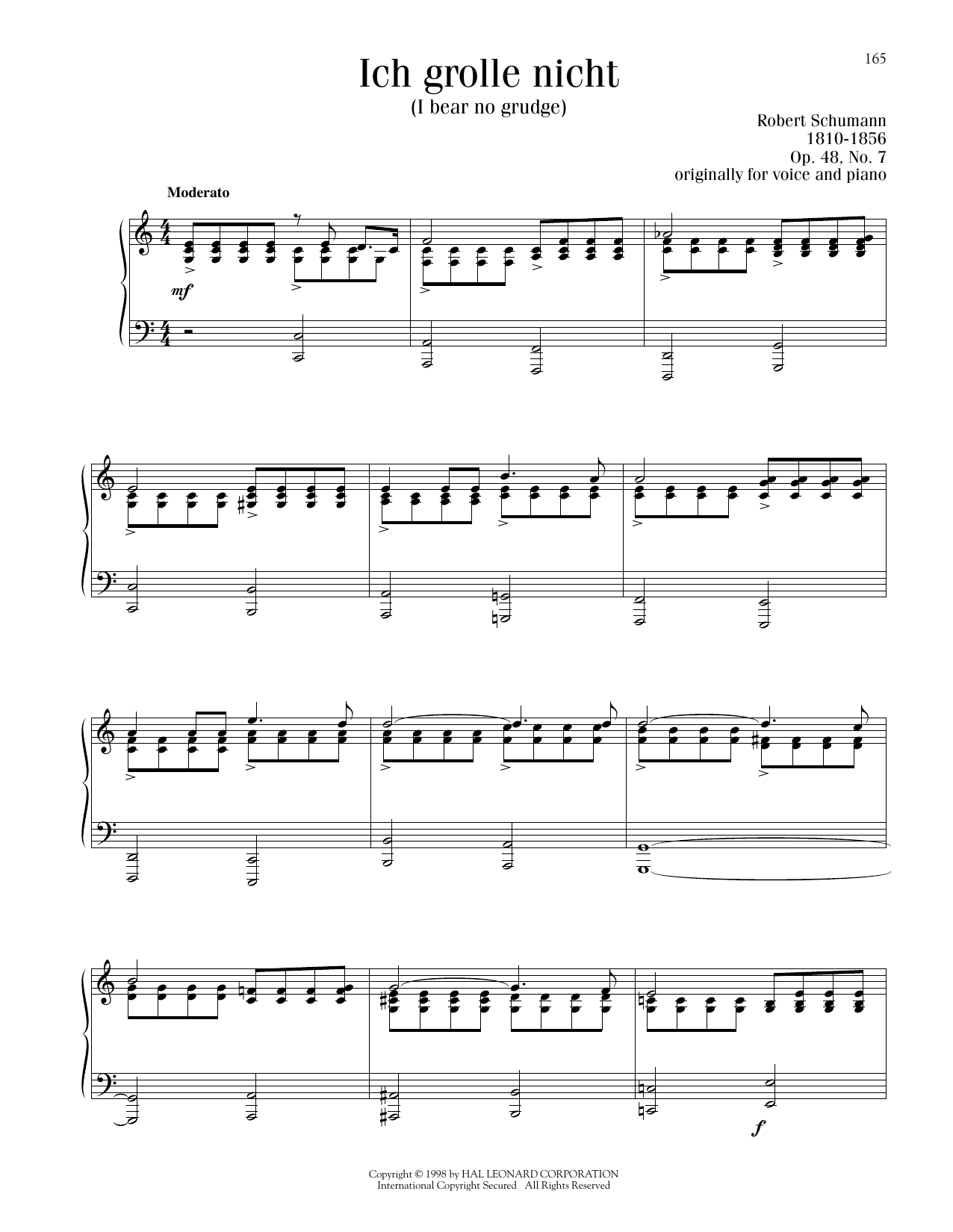 Robert Schumann Ich Grolle Nicht (I Bear No Grudge) sheet music notes and chords arranged for Piano Solo