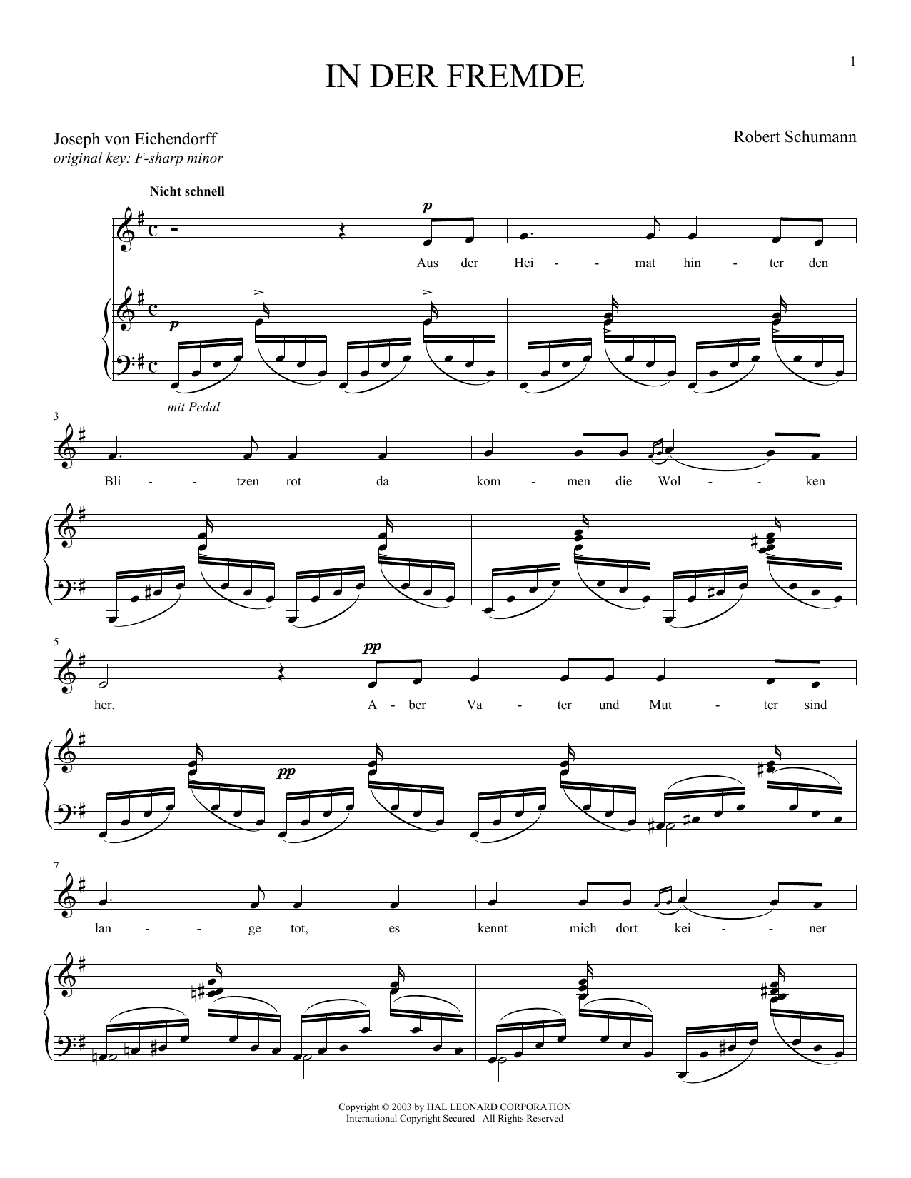 Robert Schumann In Der Fremde (In A Foreign Land) sheet music notes and chords arranged for Piano & Vocal