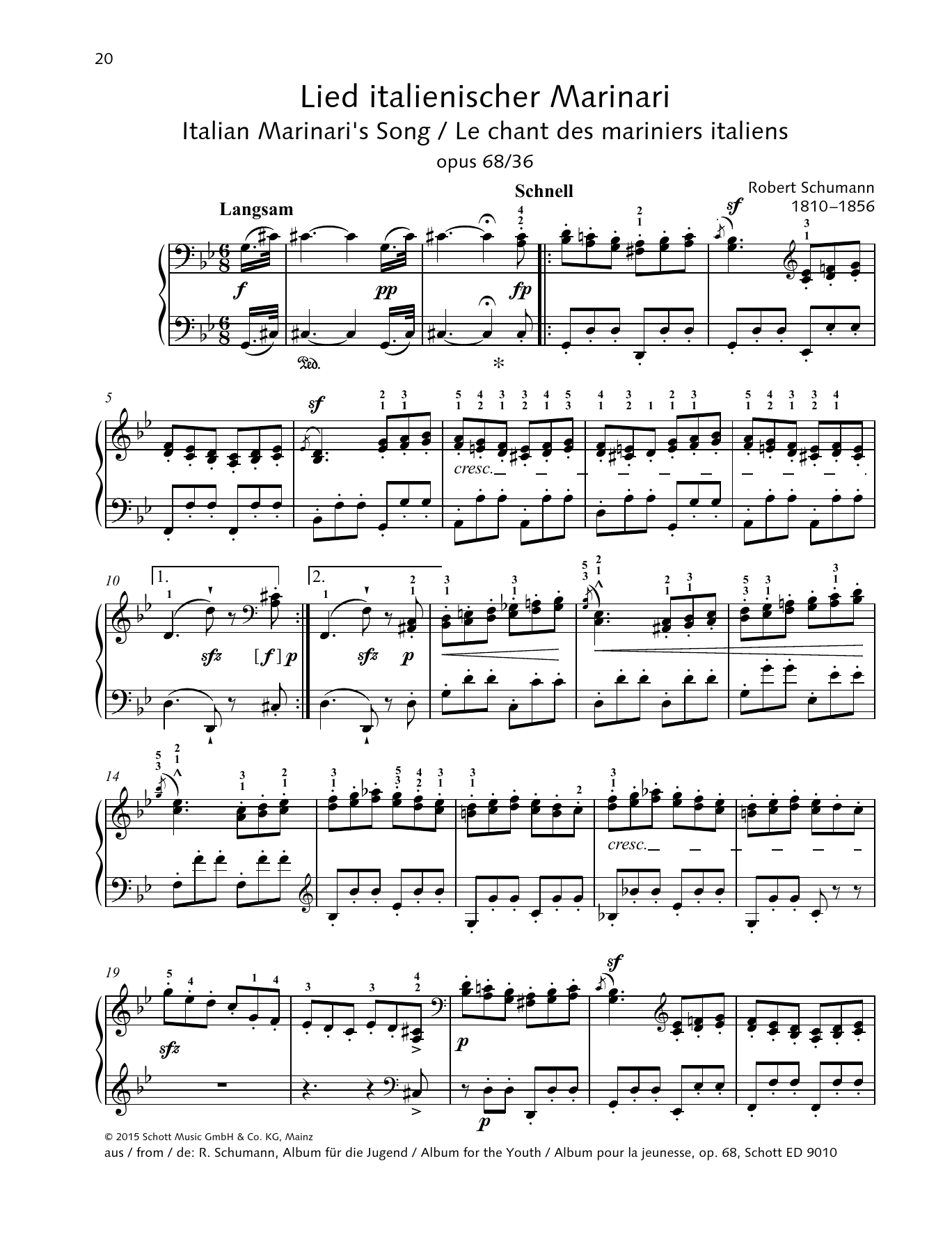 Robert Schumann Italian Marinari's Song sheet music notes and chords arranged for Piano Solo