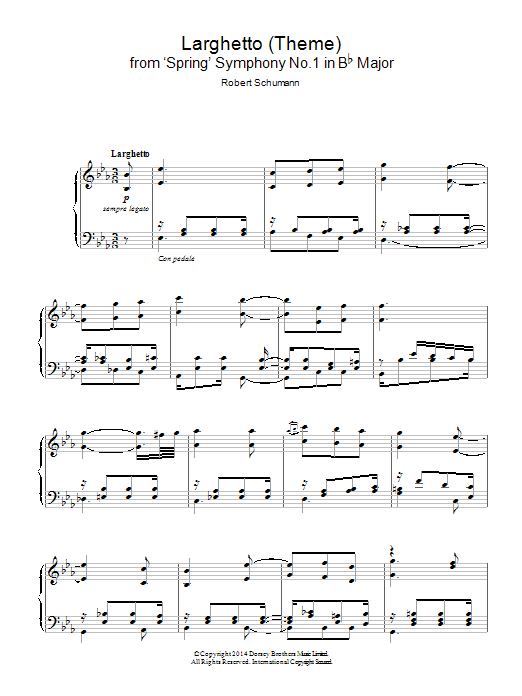 Robert Schumann Larghetto (Theme) from 'Spring' Symphony No.1 in Bb Major sheet music notes and chords arranged for Piano Solo
