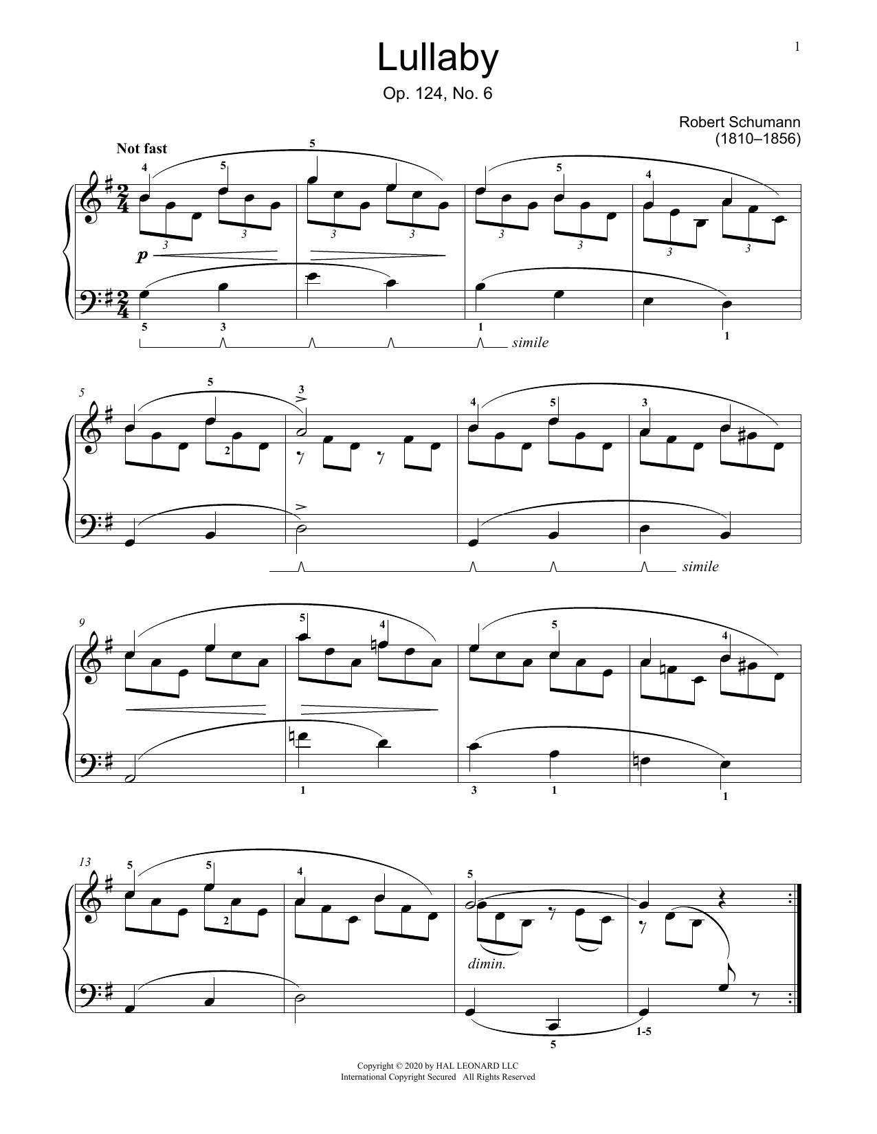 Robert Schumann Little Lullaby, Op. 124, No. 6 sheet music notes and chords arranged for Piano Solo