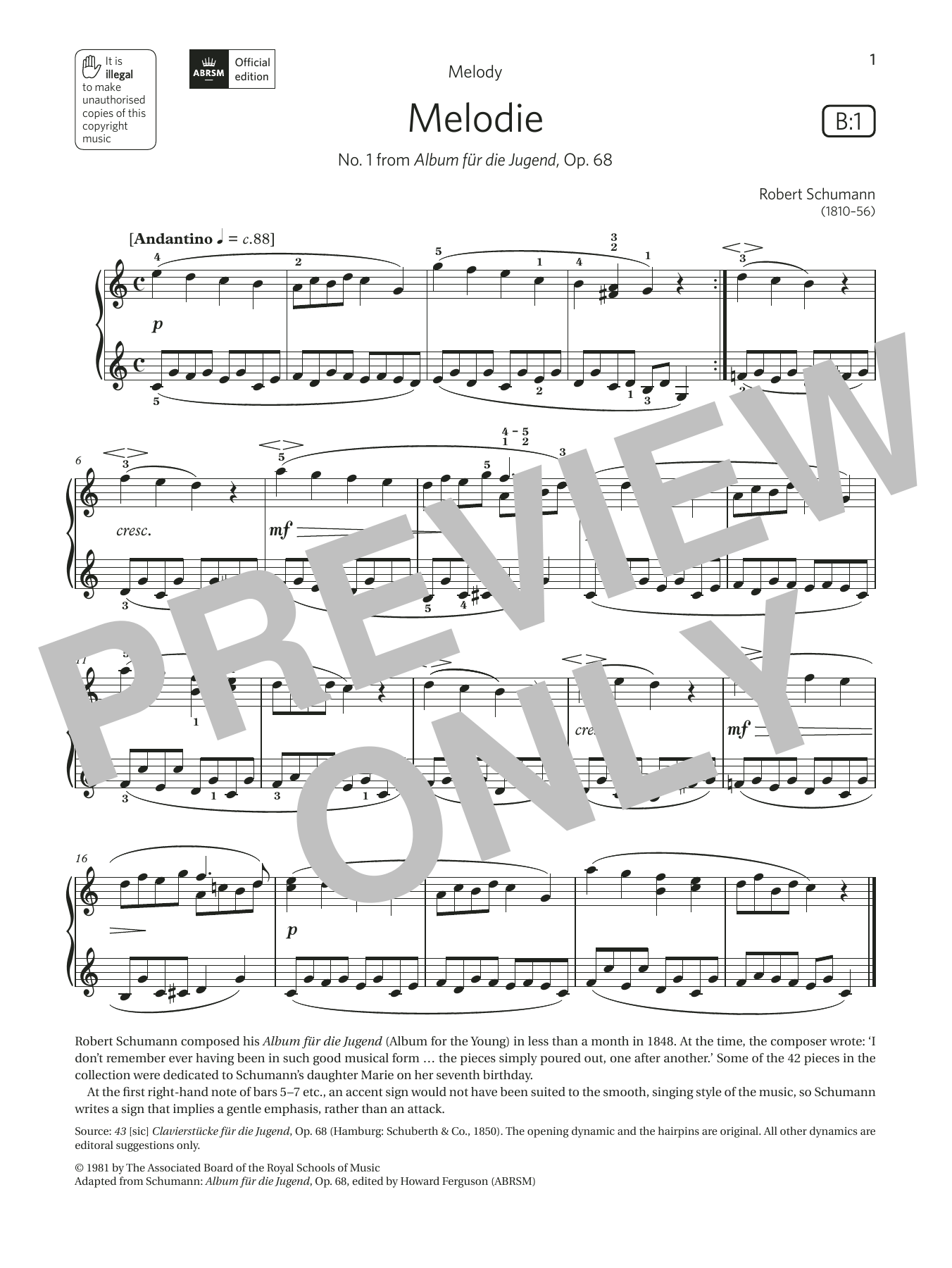 Robert Schumann Melodie (Grade 1, list B1, from the ABRSM Piano Syllabus 2021 & 2022) sheet music notes and chords arranged for Piano Solo