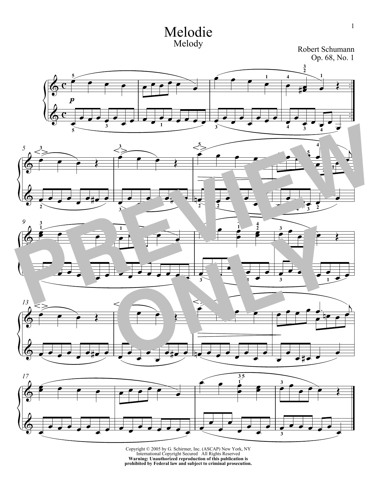 Robert Schumann Melody, Op. 68, No. 1 sheet music notes and chords arranged for Piano Solo