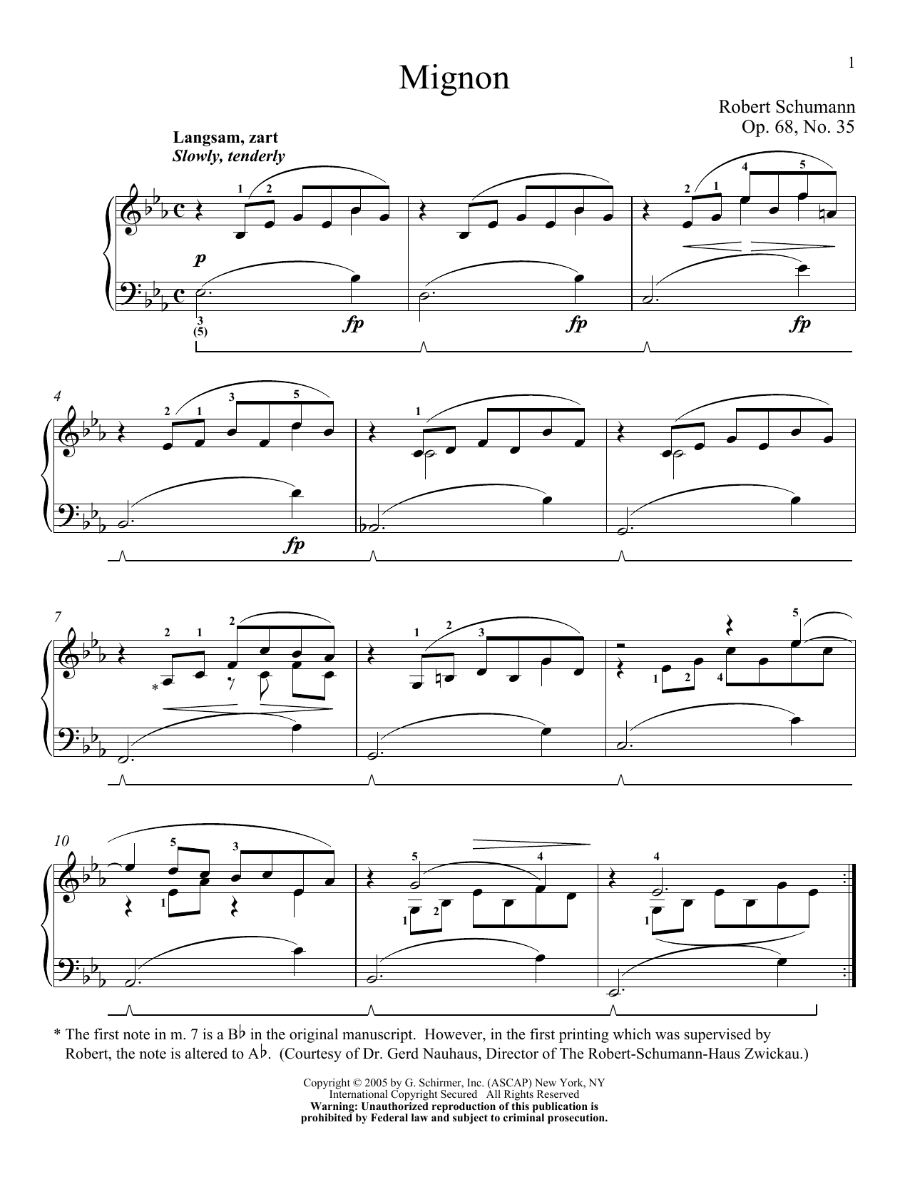 Robert Schumann Mignon, Op. 68, No. 35 sheet music notes and chords arranged for Piano Solo