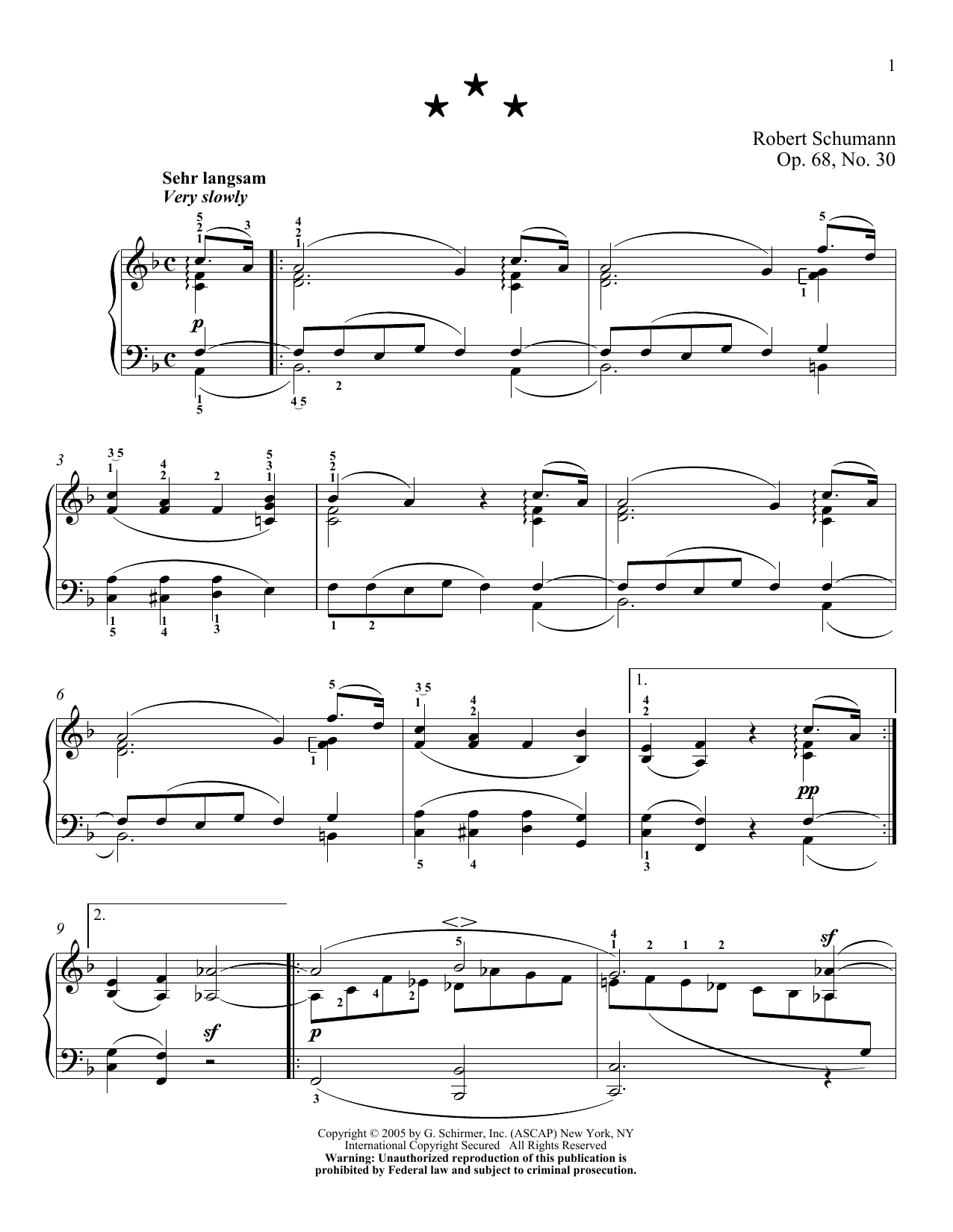 Robert Schumann Molto Lento, Op. 68, No. 30 sheet music notes and chords arranged for Piano Solo