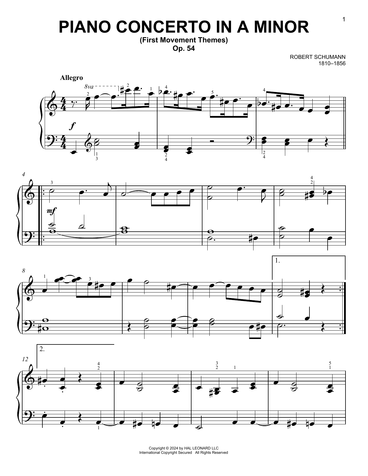 Robert Schumann Piano Concerto In A Minor, First Movement sheet music notes and chords arranged for Easy Piano