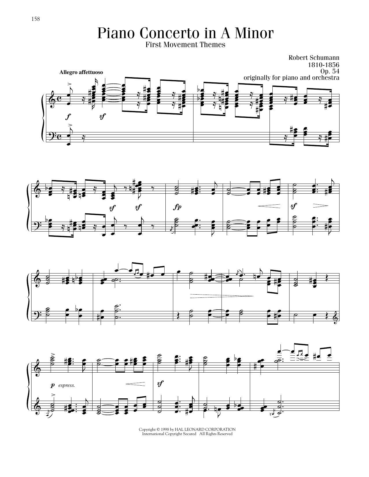 Robert Schumann Piano Concerto in A Minor, First Movement Themes sheet music notes and chords arranged for Piano Solo