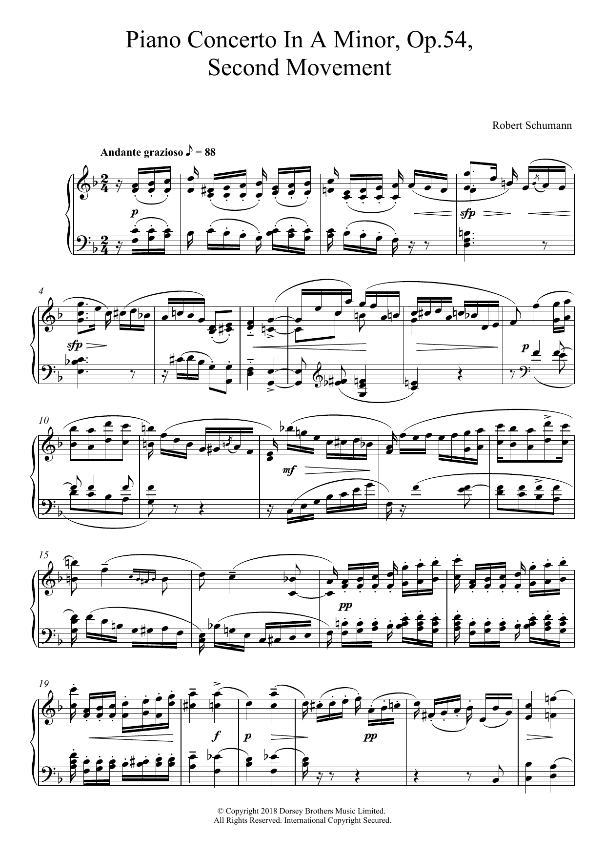 Robert Schumann Piano Concerto In A Minor, Op.54, Second Movement sheet music notes and chords arranged for Piano Solo
