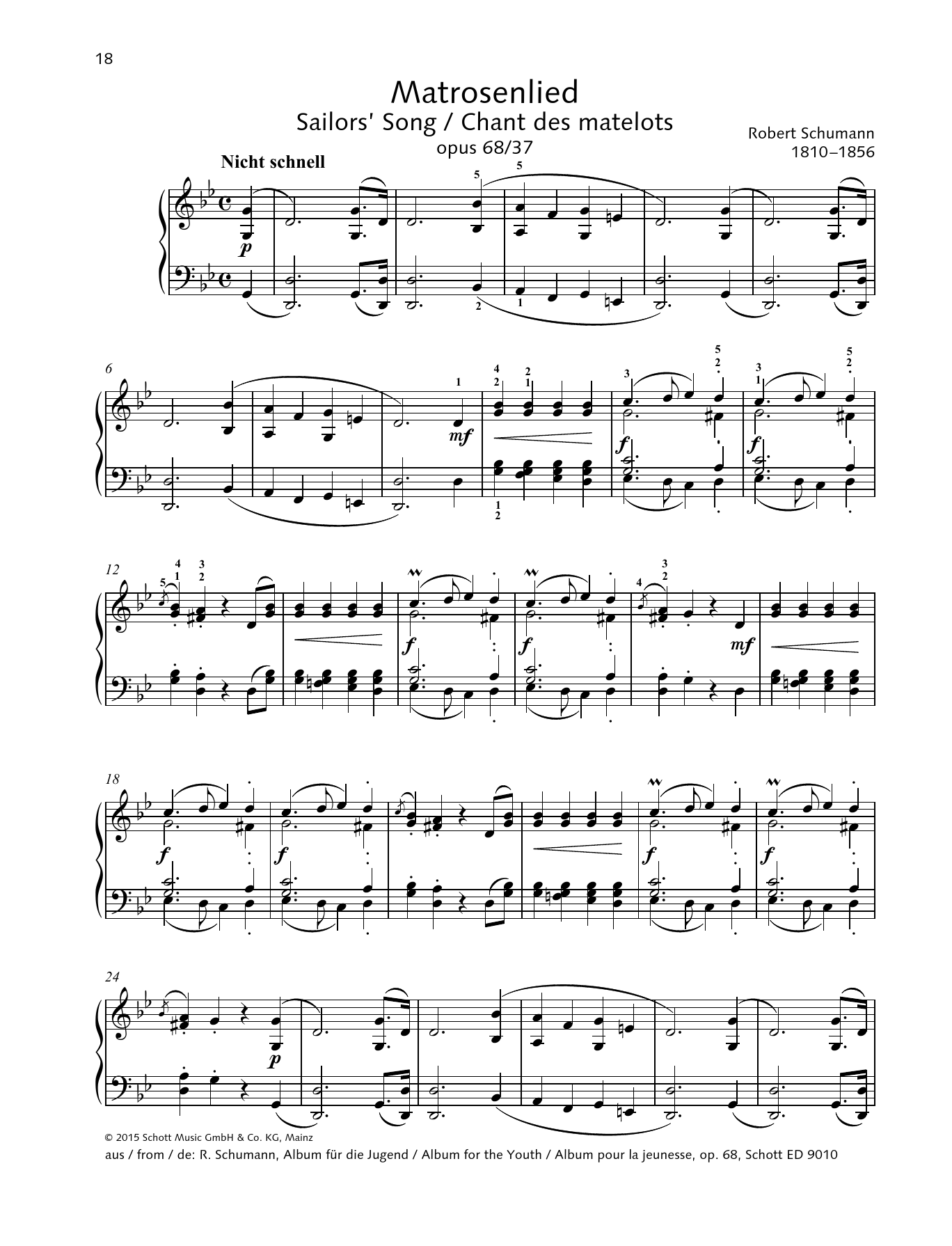 Robert Schumann Sailor's Song sheet music notes and chords arranged for Piano Solo