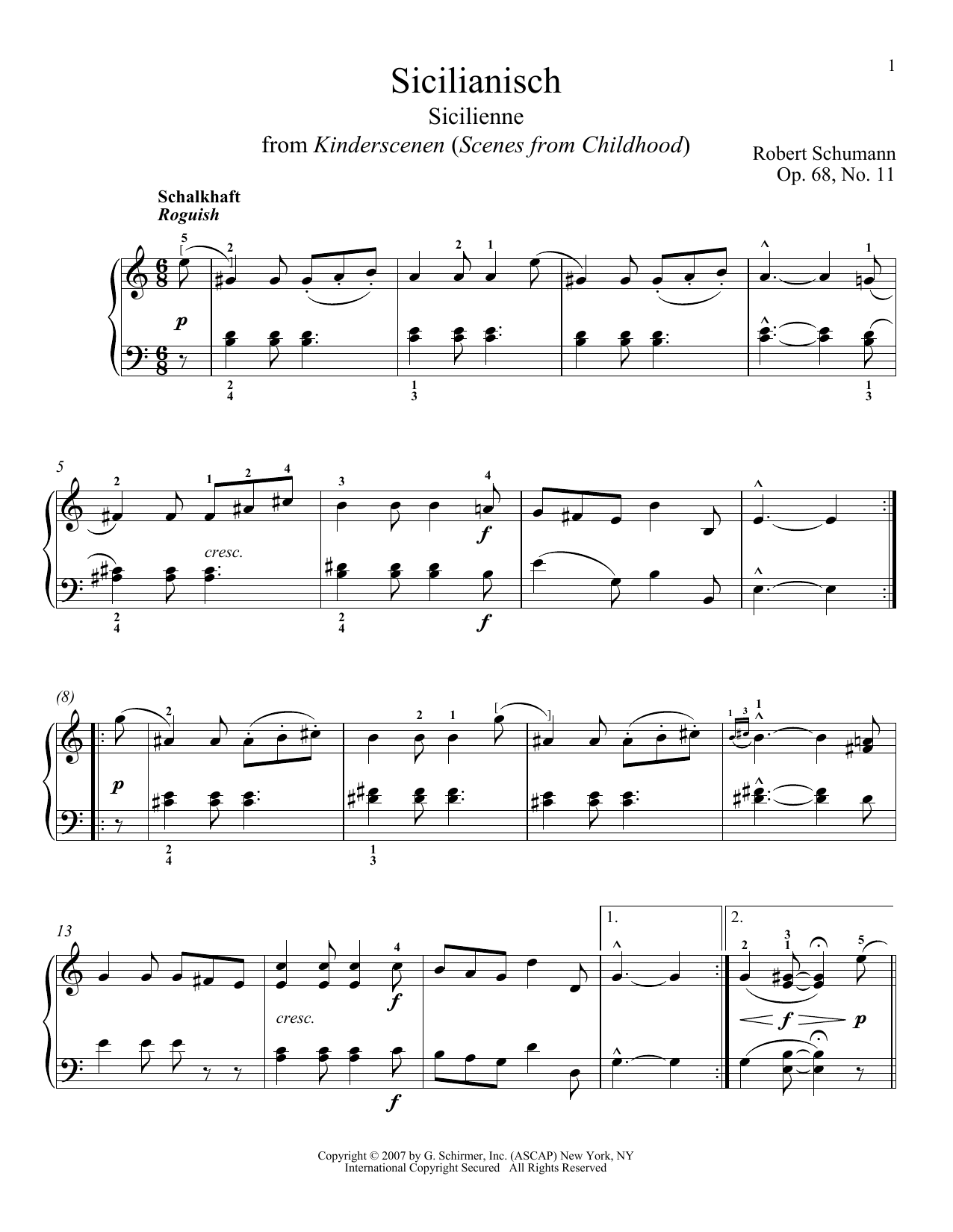Robert Schumann Sicilienne, Op. 68, No. 11 sheet music notes and chords arranged for Piano Solo