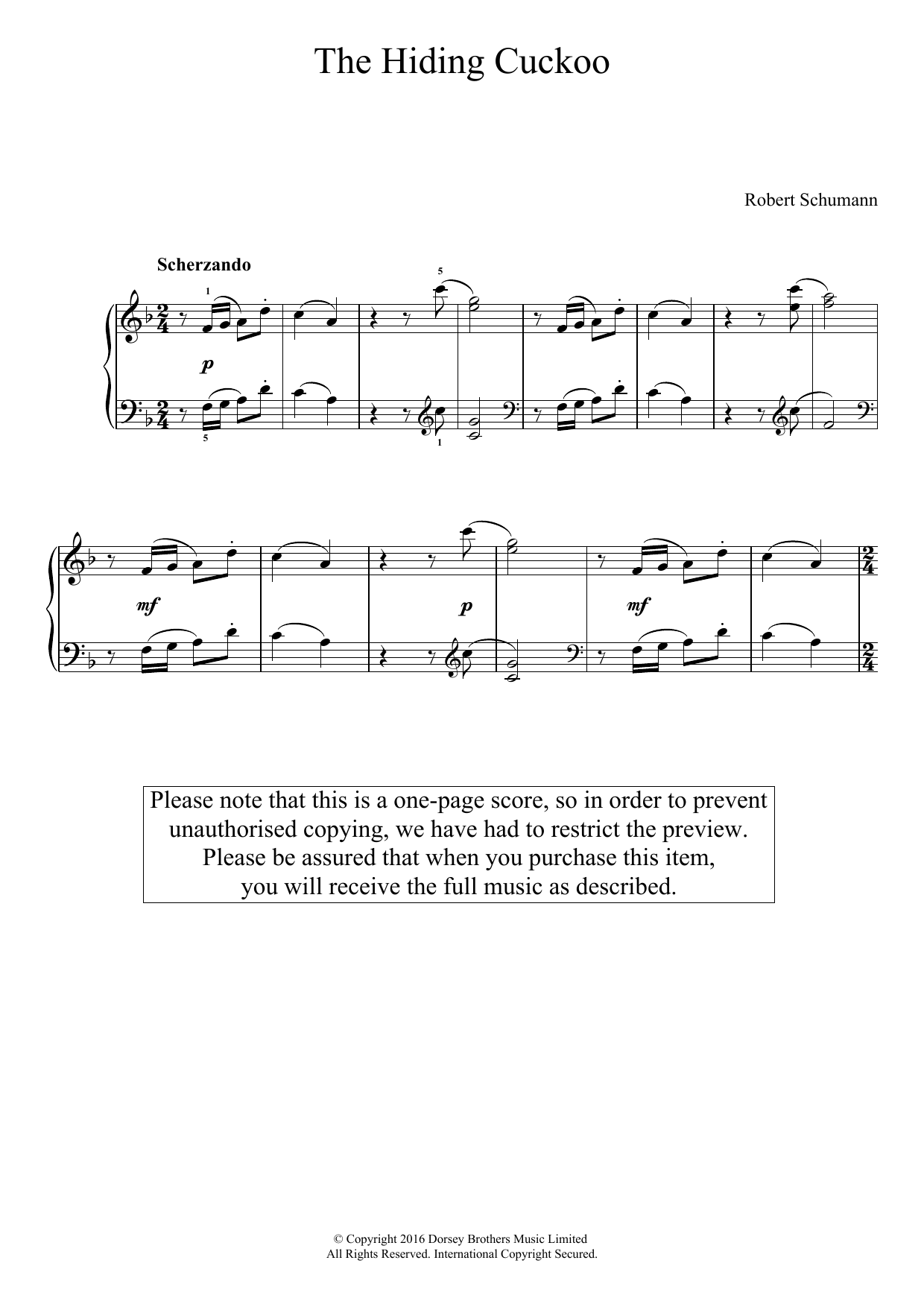 Robert Schumann The Hiding Cuckoo sheet music notes and chords arranged for Easy Piano