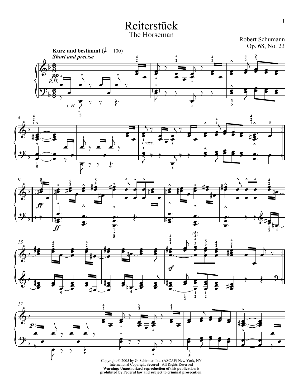 Robert Schumann The Horseman, Op. 68, No. 23 sheet music notes and chords arranged for Piano Solo