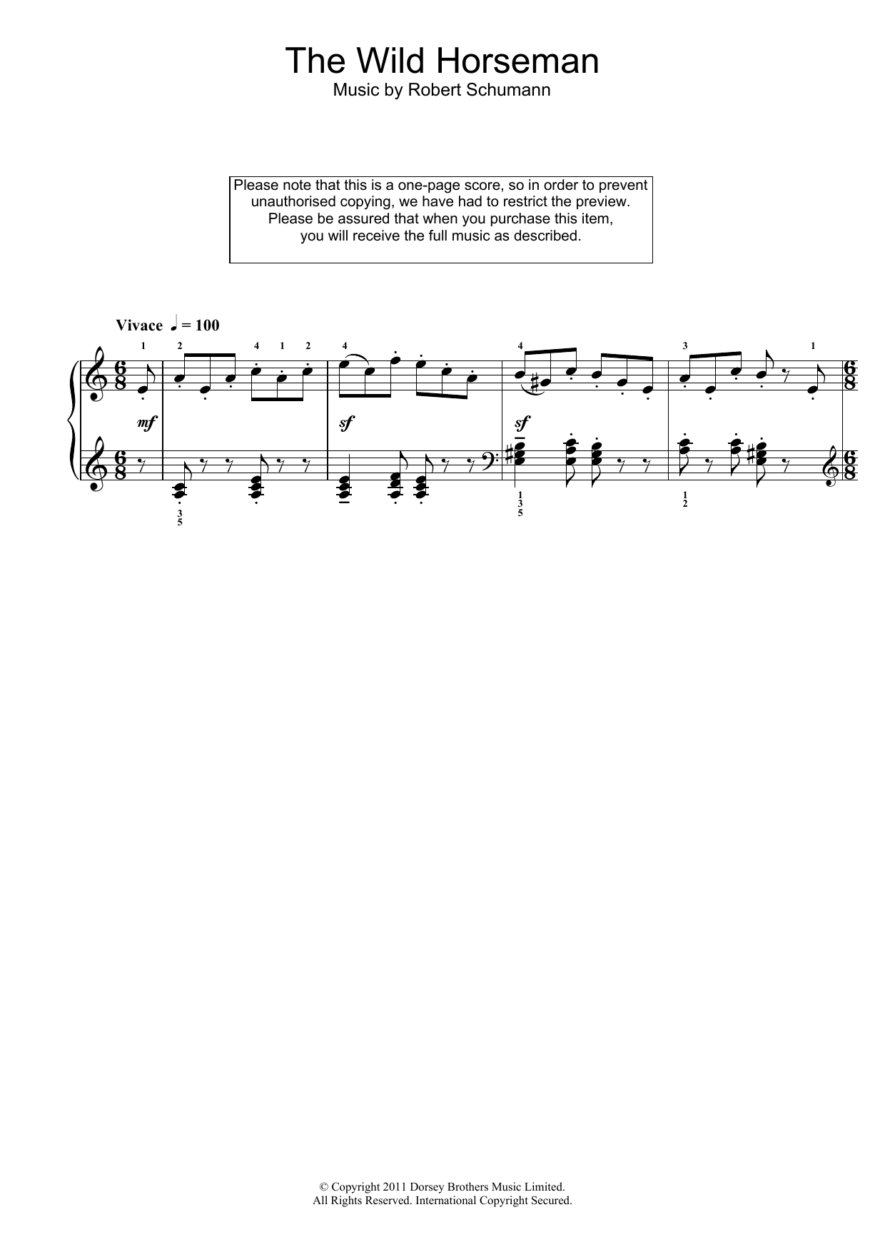 Robert Schumann The Wild Horseman sheet music notes and chords arranged for Piano Solo