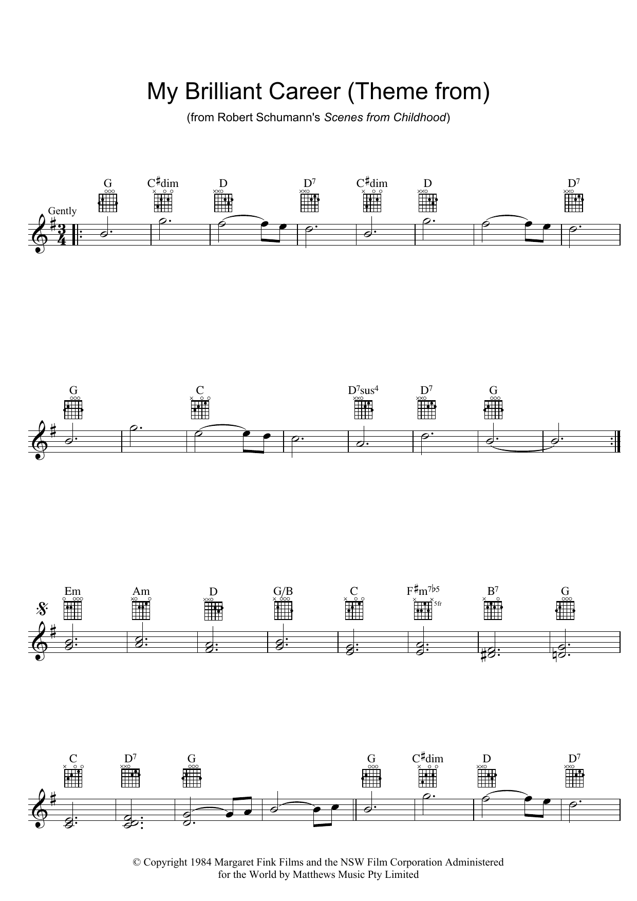 Robert Schumann Theme From My Brilliant Career sheet music notes and chords arranged for Lead Sheet / Fake Book