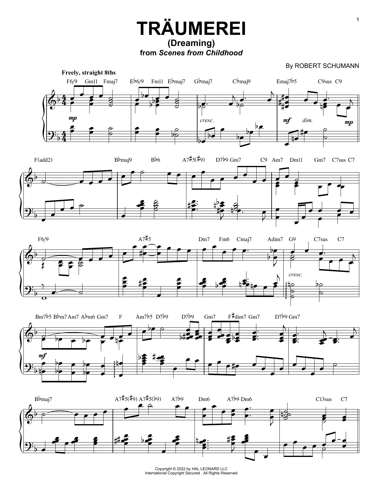 Robert Schumann Traumerei (Dreaming), Op. 15, No. 7 [Jazz version] (arr. Brent Edstrom) sheet music notes and chords arranged for Piano Solo